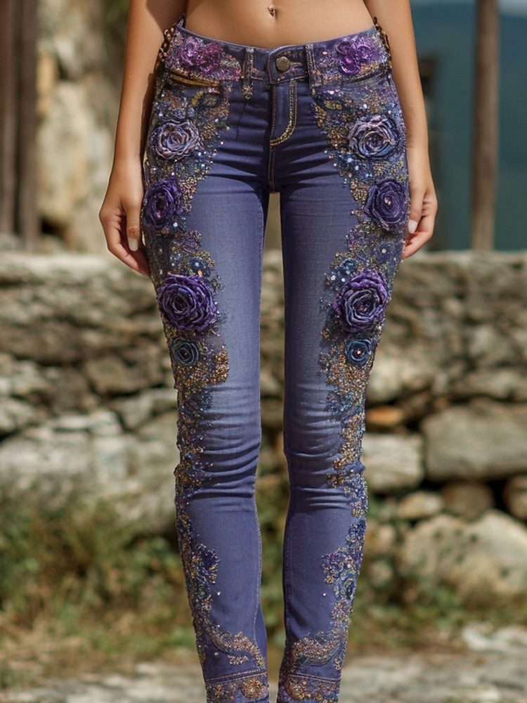 Retro Floral Print Jeans High Waist Slim Imitation Jeans Elegant Casual Trousers